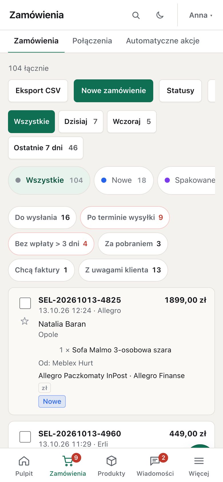 Lista zamówień w panelu na telefonie