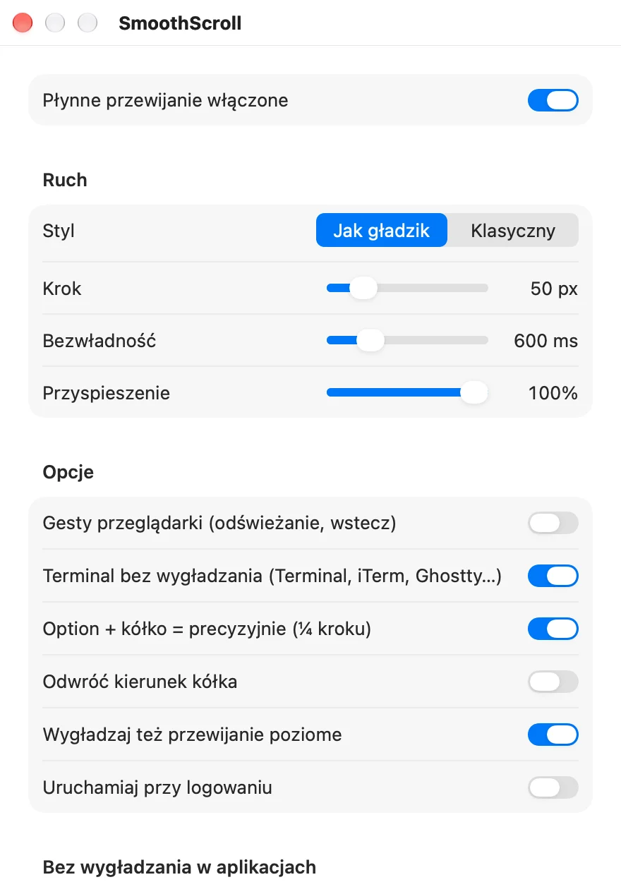 Okno ustawień OK-Scroll: styl przewijania, krok, bezwładność, przyspieszenie i opcje