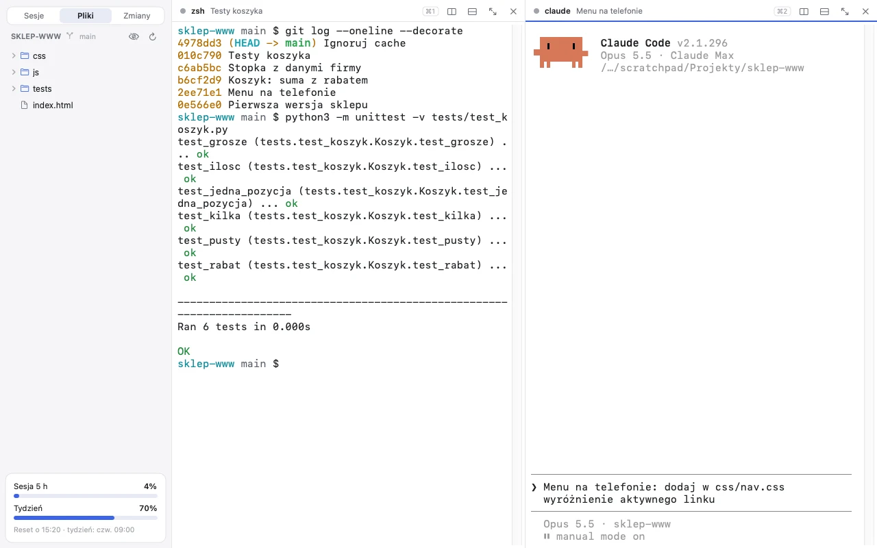 Okno VibeCoder: pliki projektu, terminal z testami i sesja Claude Code obok siebie